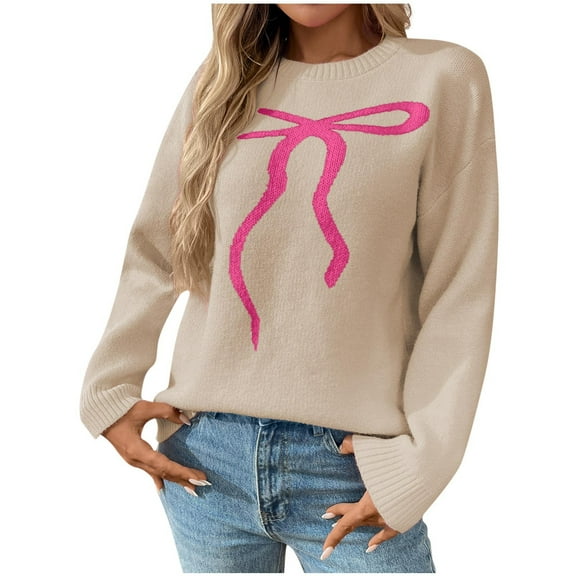 Fengactive Women's Bow Sweater Crew Neck Long Sleeve Knitted Pullover Oversized Contrast Trim Knitwear
