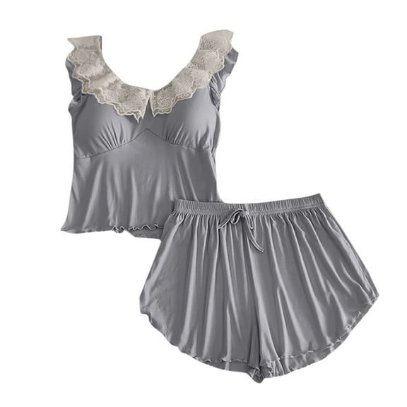 Fengactive Women's Built-in-Bra Pajama Sets Cute Lace Trim Sleeveless Tank Top and Comfy Shorts 2 Piece Loungewear Set
