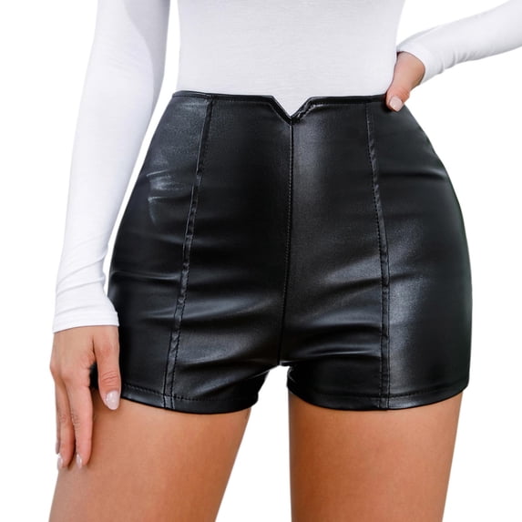 Fengactive Women's Casual Faux Leather High Waisted Flexible Elastic PU Club Party Shorts