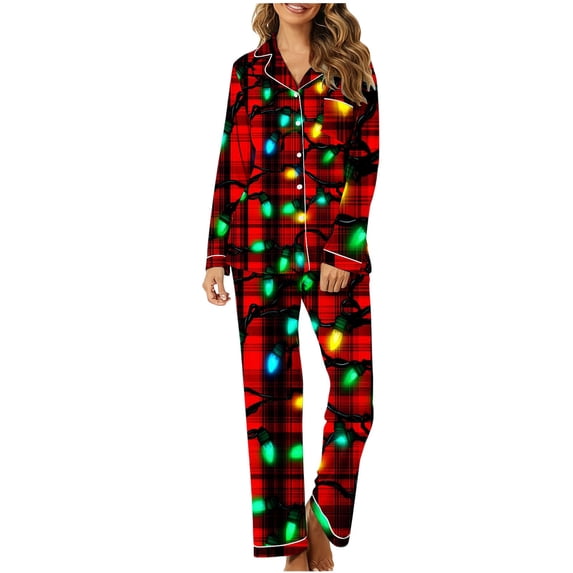 QINGFSAP Women's Christmas Print Button-Up Pajama Set - Long Sleeve Loungewear with Pockets