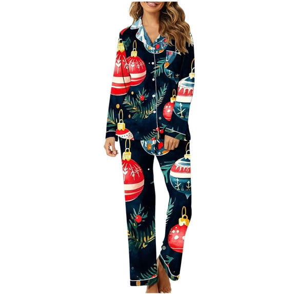 QINGFSAP Women's Christmas Print Button-Up Pajama Set - Long Sleeve Loungewear with Pockets