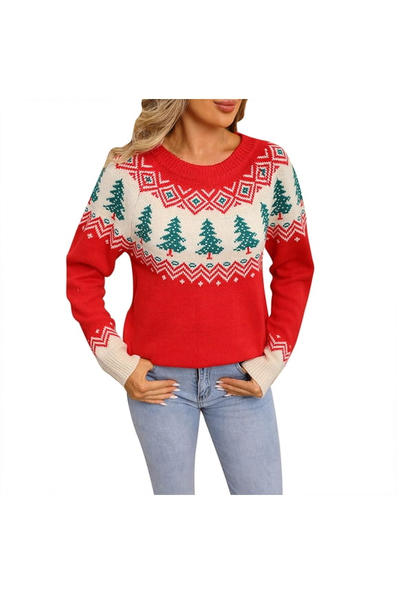 Women's Christmas Tree Graphic Knitted Sweater Long Sleeve Pullover Tops Crewneck Loose Fit Sweater