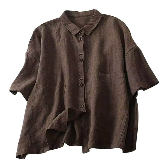 Fengactive Women's Cotton Linen Blouse Button Down Collared Summer Shirts Solid Color Short Sleeve Loose Fit T Shirt