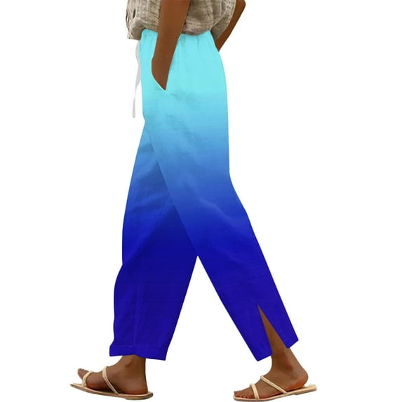 Fengactive Women's Cotton Linen Straight Leg Pants with Pockets Elastic Waist Color Block Loose Casual Lounge Pants for Women