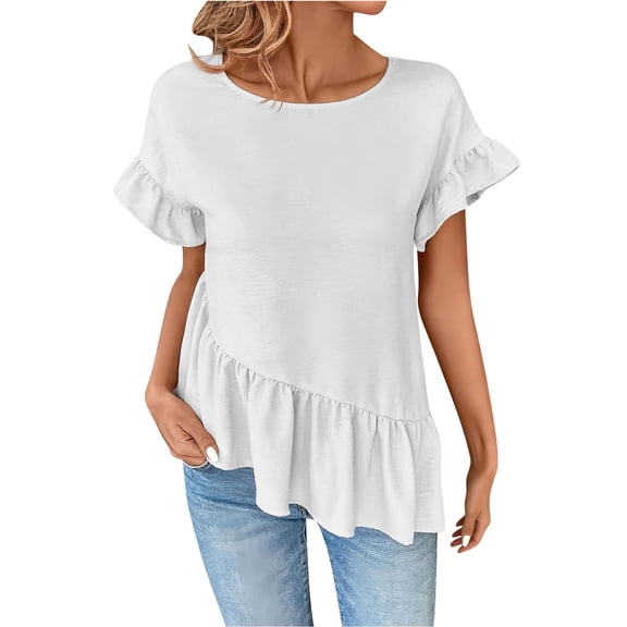 Fengactive Women's Crew Neck Ruffle Sleeve T Shirts Casual Summer Loose Irregular Hem Tops Tees