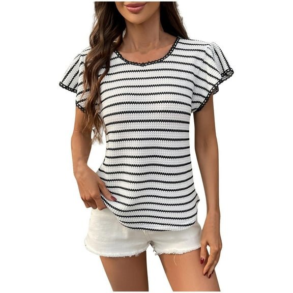 Fengactive Women's Cute Crochet Knit Striped Shirts Lightweight Crew Neck Flowy Ruffle Sleeve Lace Trim Top