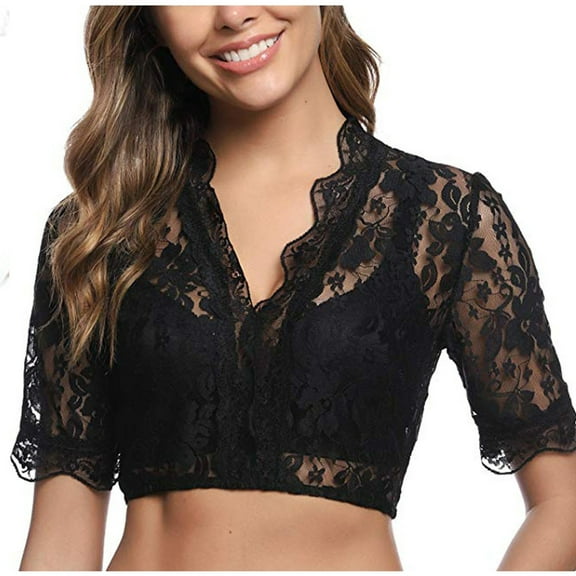 Fengactive Women’s Dirndl Blouse Traditional Lace Crop Tops V-Neck Shirts