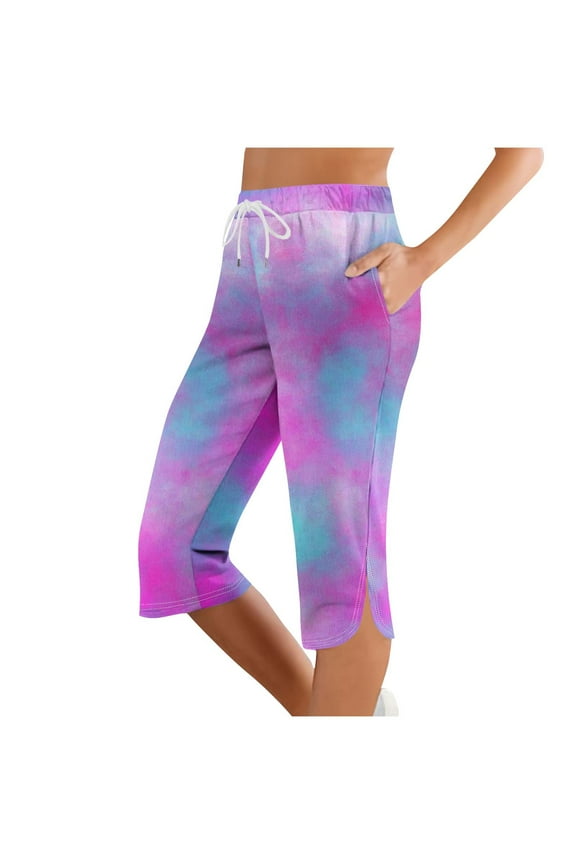 Women's Drawstring Capri Pants Straight Leg Tie Dye Print Capris Summer Outdoor Clothes