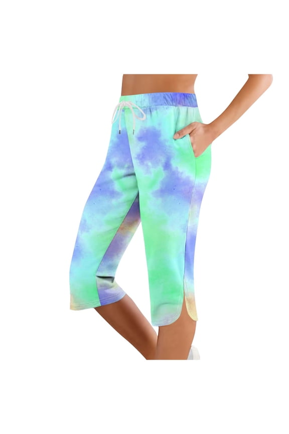 Women's Drawstring Capri Pants Straight Leg Tie Dye Print Capris Summer Outdoor Clothes