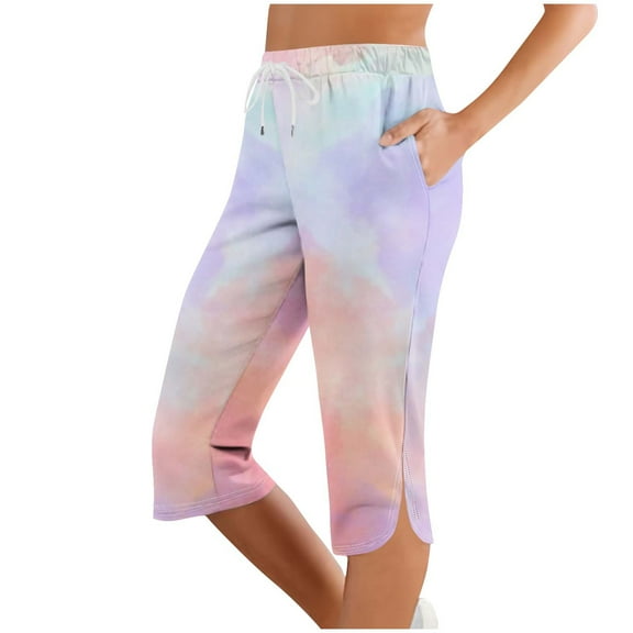 Fengactive Women's Drawstring Capri Pants Straight Leg Tie Dye Print Capris Summer Outdoor Clothes