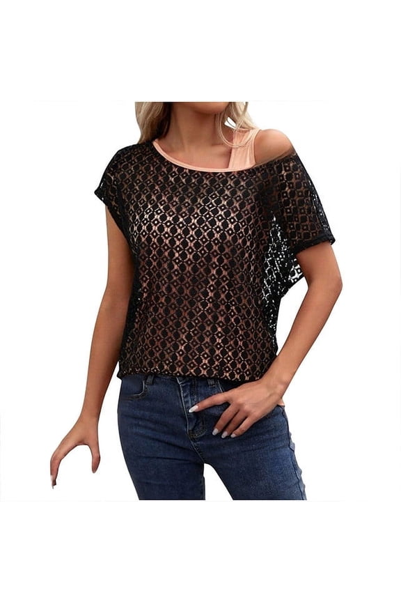 Women's Fake-Two-Piece Off The Shoulder Short Sleeve Lace Tops Loose Fit Casual Summer T-Shirt Blouse