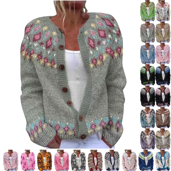 Fengactive Women's Fall Cute Floral Print Open Front Knit Cardigan Sweater Winter Casual Loose Button Down Long Sleeve Coat
