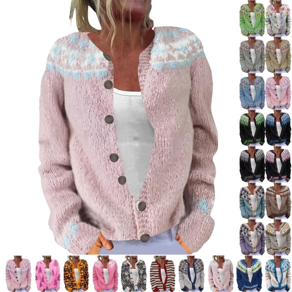 QINGFSAP Women's Fall Cute Floral Print Open Front Knit Cardigan Sweater Winter Casual Loose Button Down Long Sleeve Coat