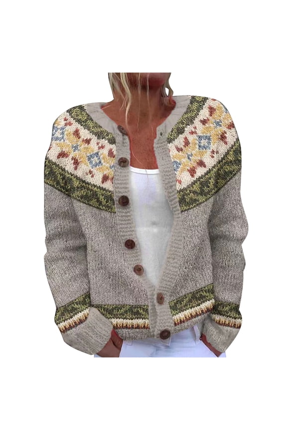 Women's Fall Cute Floral Print Open Front Knit Cardigan Sweater Winter Casual Loose Button Down Long Sleeve Coat