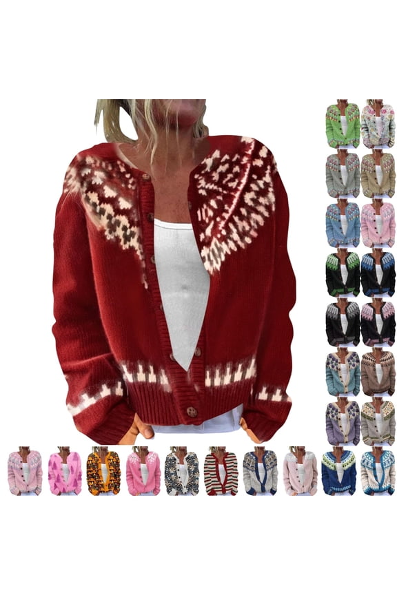 Women's Fall Cute Floral Print Open Front Knit Cardigan Sweater Winter Casual Loose Button Down Long Sleeve Coat
