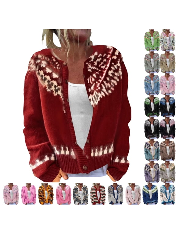 Fengactive Women's Fall Cute Floral Print Open Front Knit Cardigan Sweater Winter Casual Loose Button Down Long Sleeve Coat