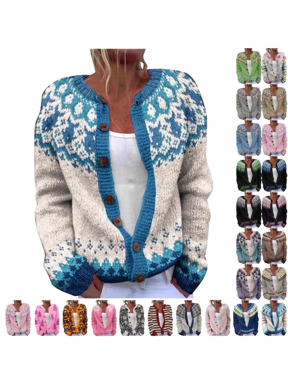 Fengactive Women's Fall Cute Floral Print Open Front Knit Cardigan Sweater Winter Casual Loose Button Down Long Sleeve Coat