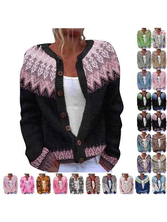 Fengactive Women's Fall Cute Floral Print Open Front Knit Cardigan Sweater Winter Casual Loose Button Down Long Sleeve Coat