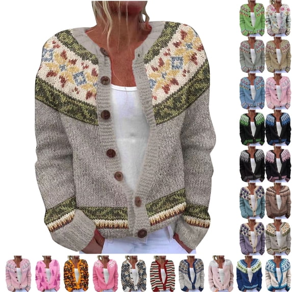 Fengactive Women's Fall Cute Floral Print Open Front Knit Cardigan Sweater Winter Casual Loose Button Down Long Sleeve Coat