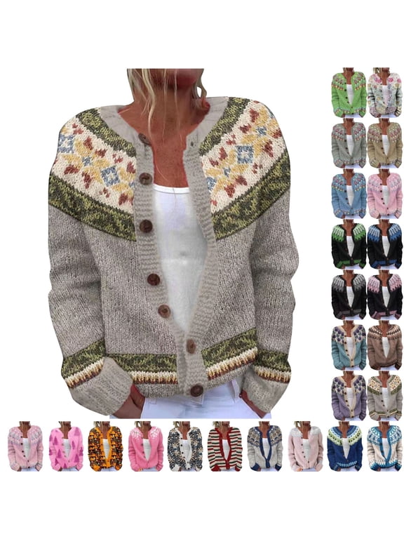 Fengactive Women's Fall Cute Floral Print Open Front Knit Cardigan Sweater Winter Casual Loose Button Down Long Sleeve Coat