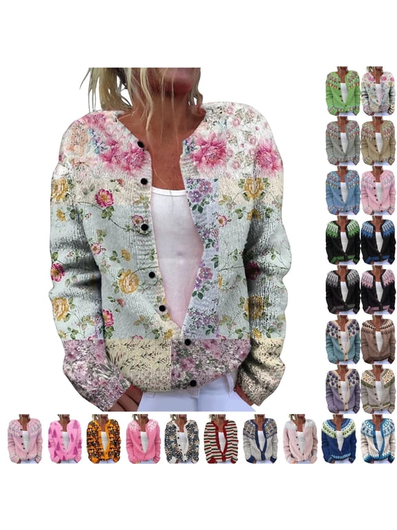 Fengactive Women's Fall Cute Floral Print Open Front Knit Cardigan Sweater Winter Casual Loose Button Down Long Sleeve Coat
