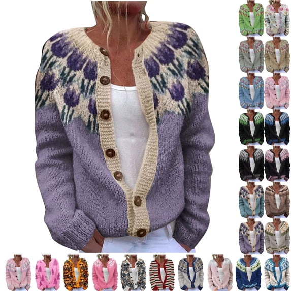 Fengactive Women's Fall Cute Floral Print Open Front Knit Cardigan Sweater Winter Casual Loose Button Down Long Sleeve Coat
