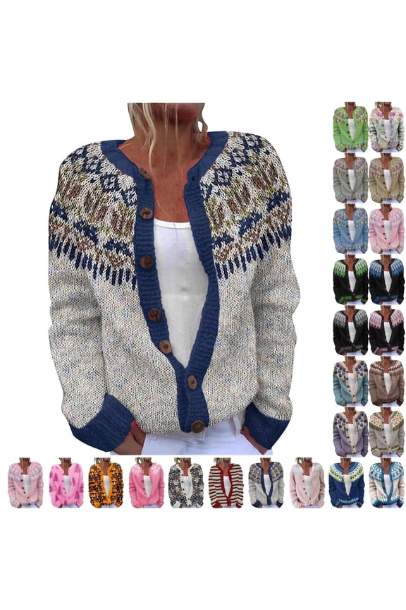 Women's Fall Cute Floral Print Open Front Knit Cardigan Sweater Winter Casual Loose Button Down Long Sleeve Coat