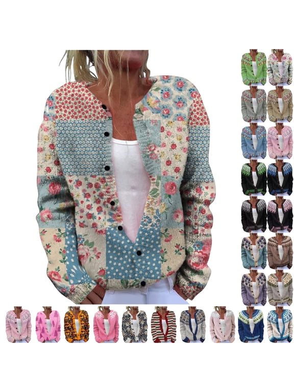 Fengactive Women's Fall Cute Floral Print Open Front Knit Cardigan Sweater Winter Casual Loose Button Down Long Sleeve Coat