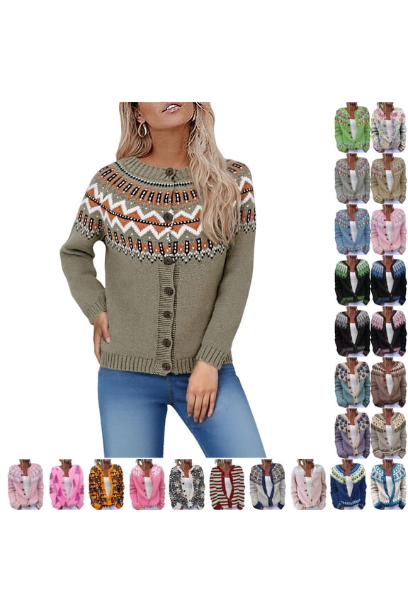 Women's Fall Cute Floral Print Open Front Knit Cardigan Sweater Winter Casual Loose Button Down Long Sleeve Coat