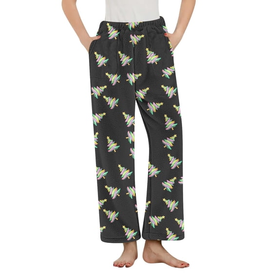 Fengactive Women's Fuzzy Plush Cute Christmas Tree Pajama Pants Elastic Waist Bottoms Lounge Pants with Pockets
