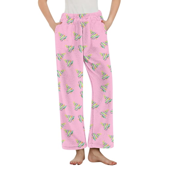 Fengactive Women's Fuzzy Plush Cute Christmas Tree Pajama Pants Elastic Waist Bottoms Lounge Pants with Pockets