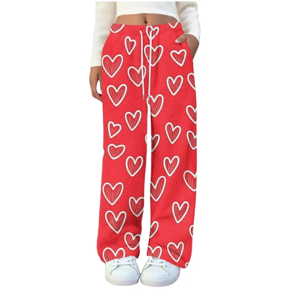 Fengactive Women's Fuzzy Plush Pajama Pants Cute Heart Print Wide Leg Bottoms Drawstring Sleep Pant With Pockets