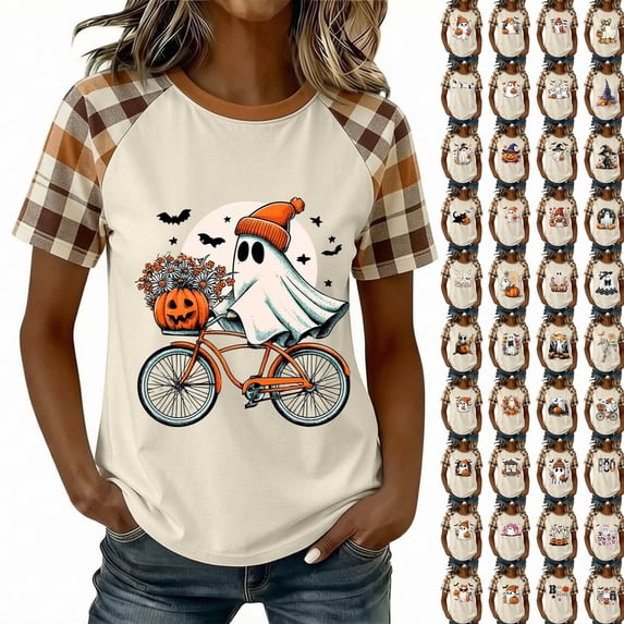 QINGFSAP Women's Halloween Graphic T-Shirt Casual Raglan Short Sleeve Top Loose Fit Crewneck Tee Blouse
