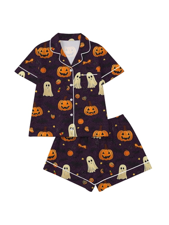 Fengactive Women's Halloween Pajama Set Button Down Short Sleeve Sleepwear Cute Print 2 Piece Lounge Set Soft Nightwear