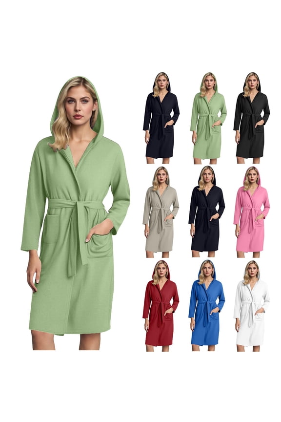 Women's Hooded Robe Soft Lightweight Knee Length Bathrobe with Pockets Self-Tie Waist Casual Loungewear Sleepwear