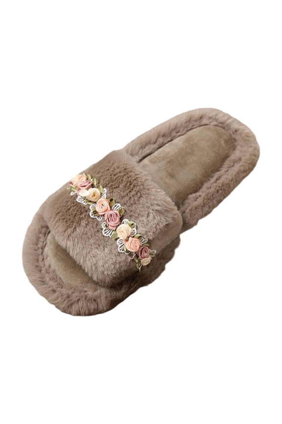 Women's Indoor Soft Slippers with Flower Decoration for Autumn Winter Home Comfort Flat Sole