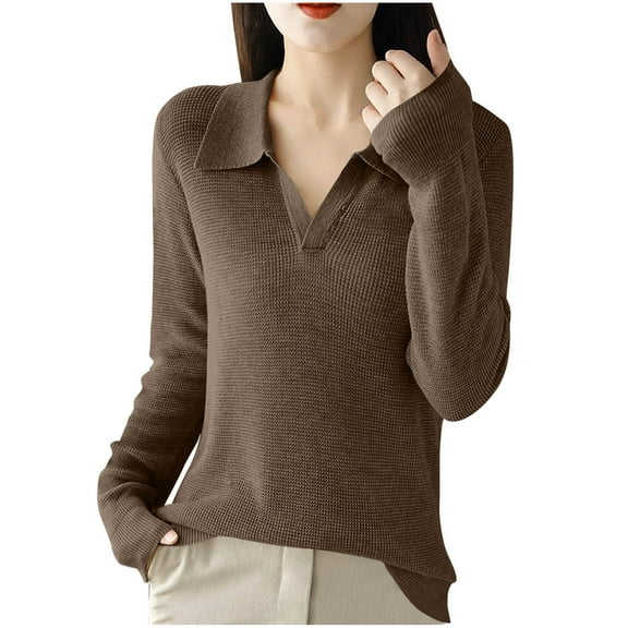 Fengactive Women's Knitted Collared Sweaters Long Sleeve V-Neck Shirts Winter Pullover Tops