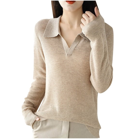 Fengactive Women's Knitted Collared Sweaters Long Sleeve V-Neck Shirts Winter Pullover Tops