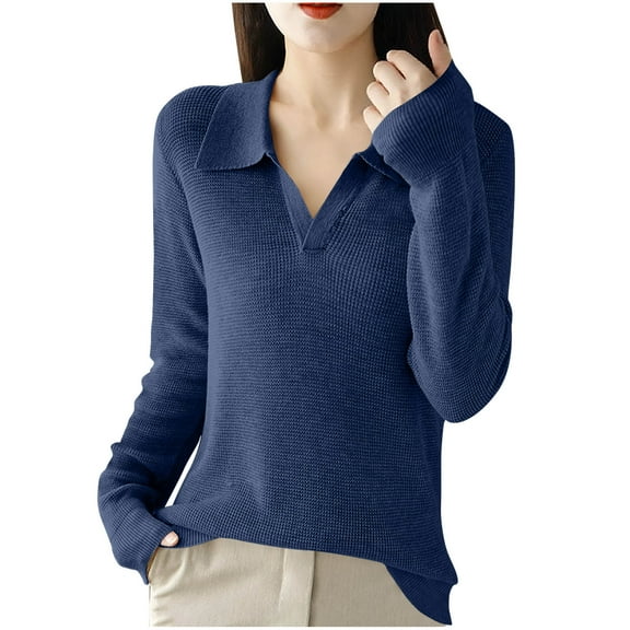 Fengactive Women's Knitted Collared Sweaters Long Sleeve V-Neck Shirts Winter Pullover Tops
