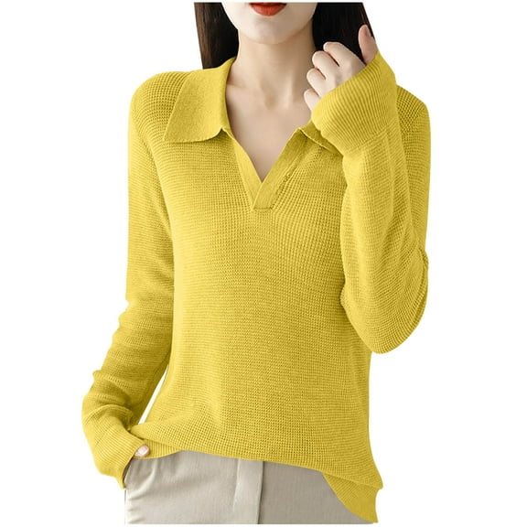 Fengactive Women's Knitted Collared Sweaters Long Sleeve V-Neck Shirts Winter Pullover Tops