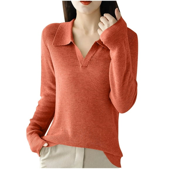 Fengactive Women's Knitted Collared Sweaters Long Sleeve V-Neck Shirts Winter Pullover Tops