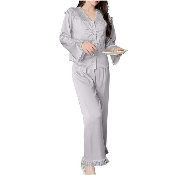 Fengactive Women's Lace Pajama Sets 2 Piece Sleepwear Long Sleeve Button Down Top and Pants Loungewear