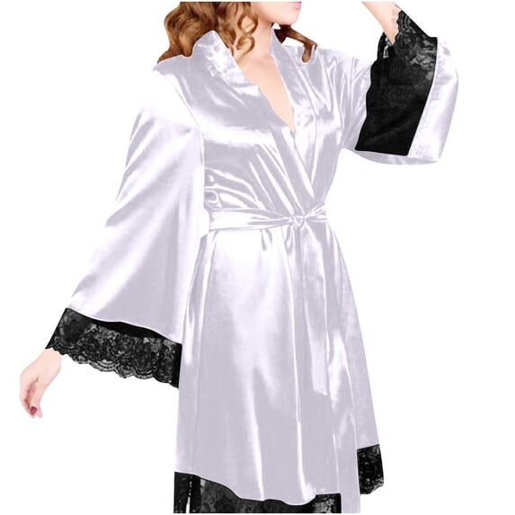 Fengactive Women's Lace Trim Robes with Belt Long Sleeve Sexy Nightgown Bathrobe Nightwear