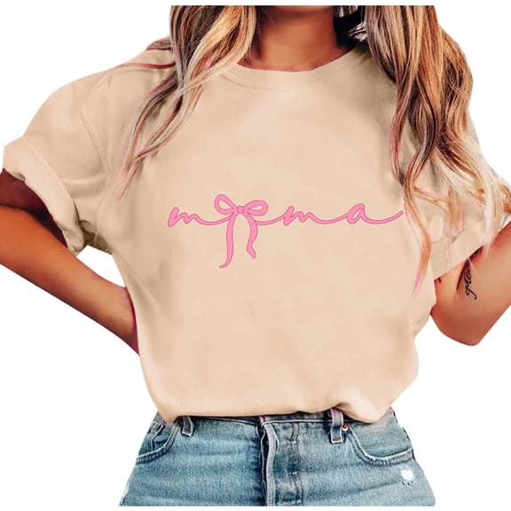 Fengactive Women's Mothers Day T Shirts Shirt Short Sleeve Crew Neck Bow Printed Casual Shirts