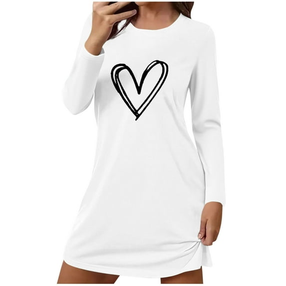 Fengactive Women's Nightgown Cute Heart Graphic Sleepshirts Long Sleeve Comfy Lounge House Sleepwear Pajama Dresses