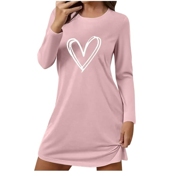 Fengactive Women's Nightgown Cute Heart Graphic Sleepshirts Long Sleeve Comfy Lounge House Sleepwear Pajama Dresses