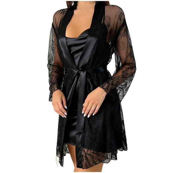 Fengactive Women's Nightgown Set Sexy Lace Sheer Robe and Adjustable Straps Open Back Night Dress