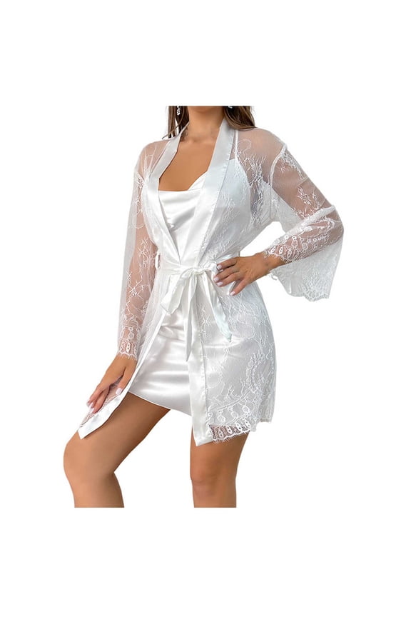 Women's Nightgown Set Sexy Lace Sheer Robe and Adjustable Straps Open Back Night Dress