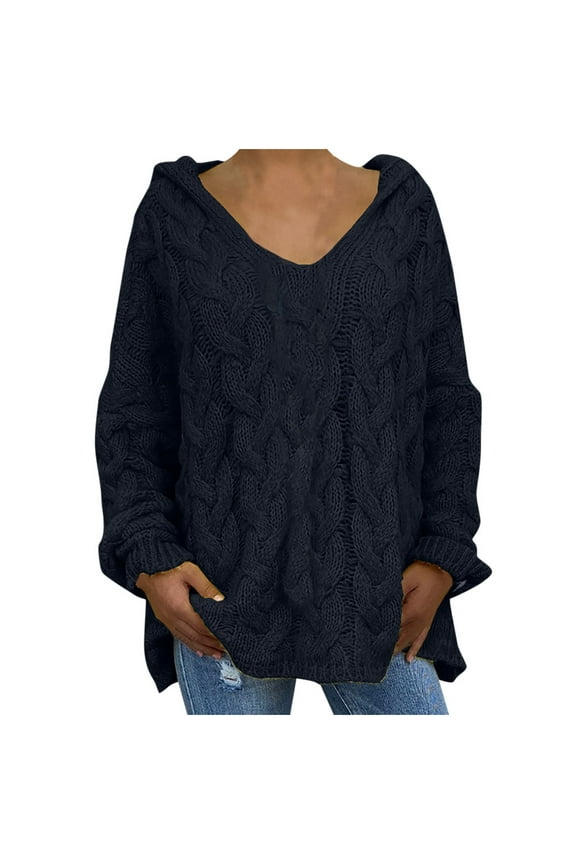 Women's Oversized Chunky Cable Knit Pullover Hooded Sweaters V Neck Long Sleeve Loose Hoodies