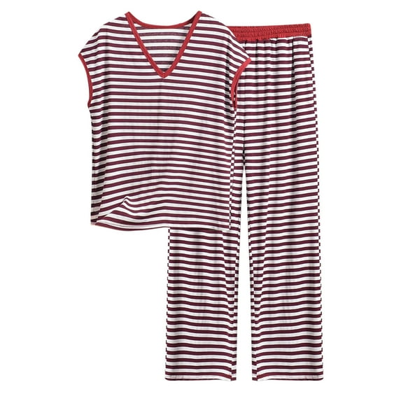 Fengactive Women's Pajamas Oversized Soft V Neck Stripe Short Sleeve Shirts With Long Pajama Pant Set Loungewear Sleepwear